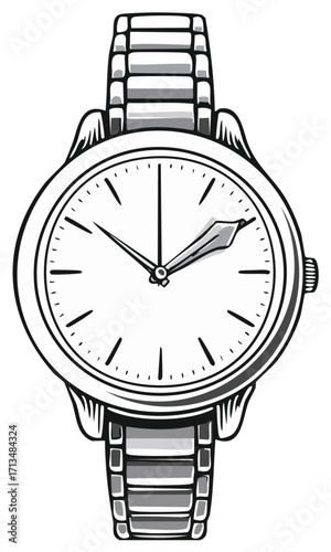 Classic metal link wristwatch with white dial and simple hands displayed from above