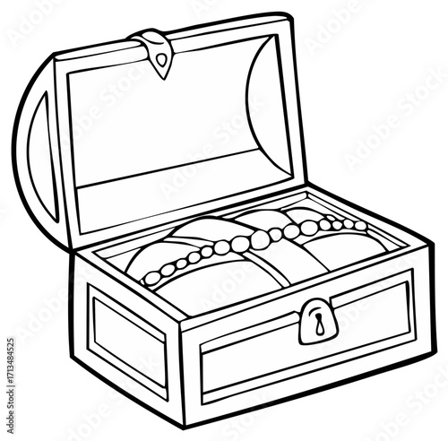 Cartoon treasure chest with an open lid showing riches and pearls coloring book page line art