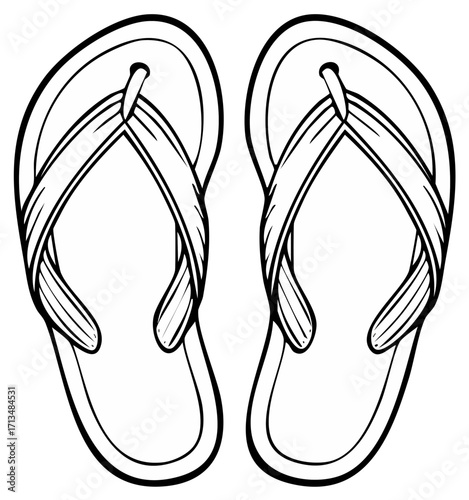 Black and white outline illustration of a pair of summer flip flop sandals