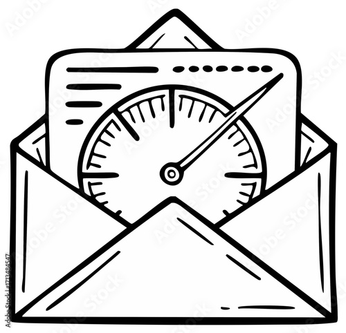 Email with a timer gauge inside an open envelope icon doodle