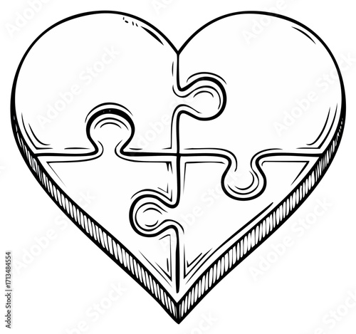 Hand drawn sketch of a heart shaped puzzle with four interlocking pieces black and white vector illustration