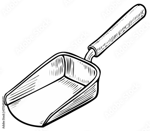 Black and white sketch of a simple scoop with a long handle
