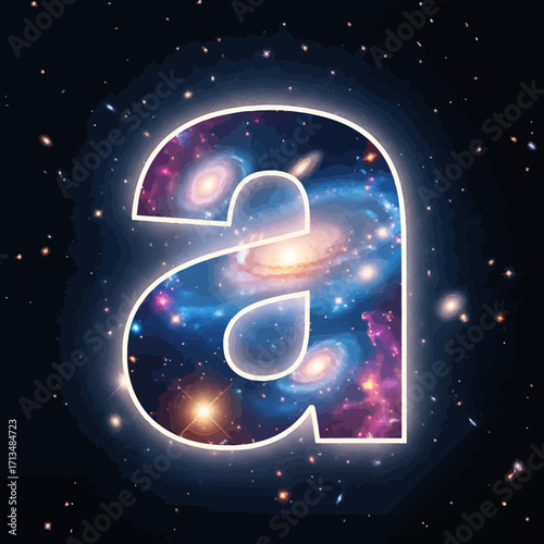 A glowing letter 'a' frames a vibrant cosmic scene of galaxies and stars in deep space.