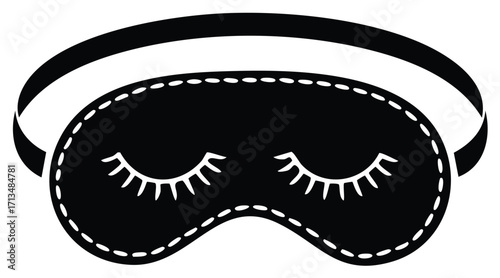 Black Sleep Mask with Lashes, Elastic Band and White Stitching Vector Illustration