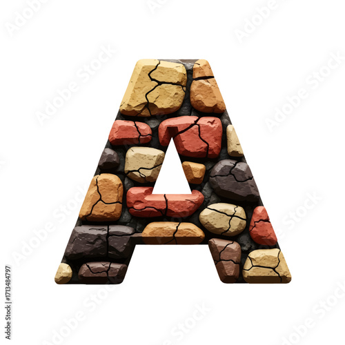 A stylized letter A constructed from various colorful, cracked stones and rocks, set against a white background.