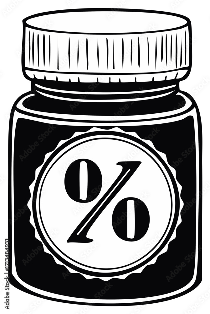 Fototapeta premium Ink Bottle with Zero Percent Icon Black and White Graphic Illustration
