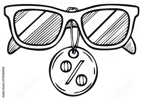 Doodle of Sunglasses with Percentage Sign Sale Tag Line Art Style on White