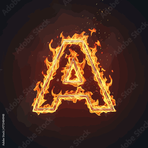 Fiery letter A, burning in flames, dark background.