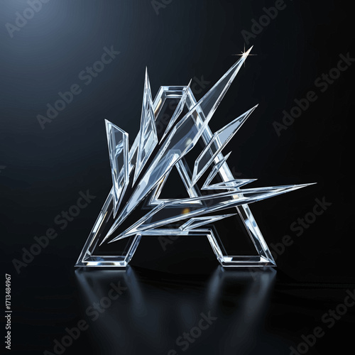 A stylized letter A made of sharp, clear crystal shards on a dark reflective surface.