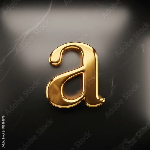 A shiny golden 3D lowercase letter 'a' resting on a dark marble surface with elegant reflections and soft lighting.