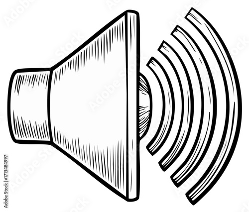 Loudspeaker with Sound Waves Represented in a Black and White Engraved Style