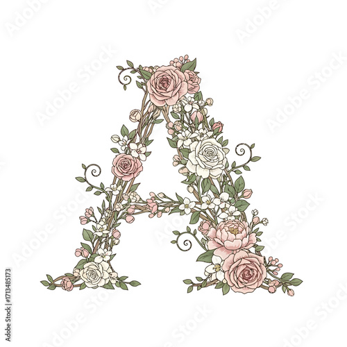An elegant capital letter A made from an intricate arrangement of pink and white roses, peonies, and green leaves.