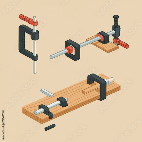 Isometric illustration of woodworking tools, including C-clamps and bar clamps, demonstrating their utility in securing materials for carpentry and DIY projects.