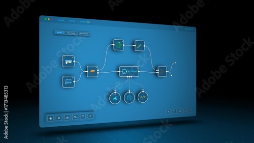 AI automation workflow dashboard with connected nodes and coding interface, looped animation