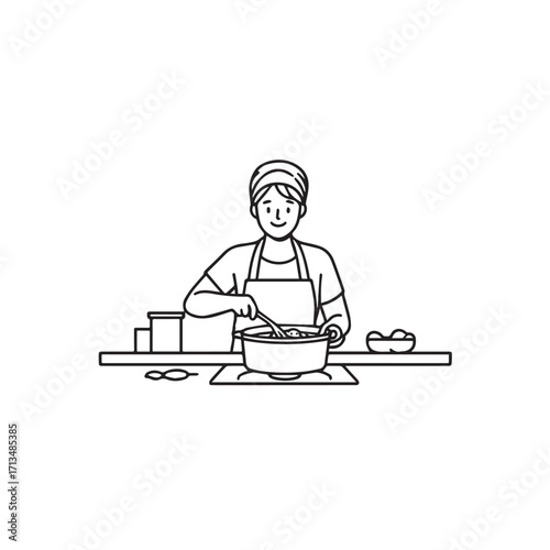 Black and White Vector Illustration of a Smiling Woman Cooking in Kitchen with Apron and Headband