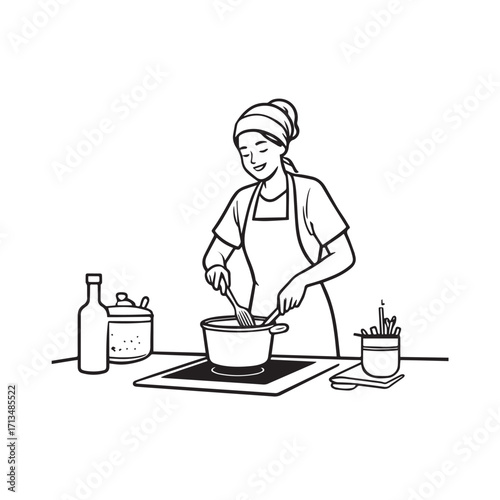 Black and White Vector Illustration of a Smiling Woman Cooking in Kitchen with Apron and Headband