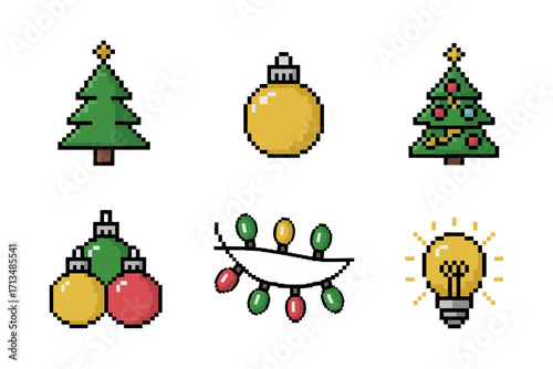 Pixel christmas decorations, fir trees and baubles, festive garlands, glowing light bulb, minimal outline style, holiday vector elements