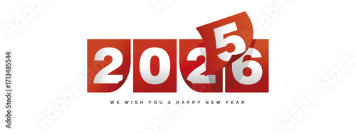 Happy New Year 2026 greeting card design template on white background. New Year 2026 start concept. Red calendar pages turn in the wind and the new year begins