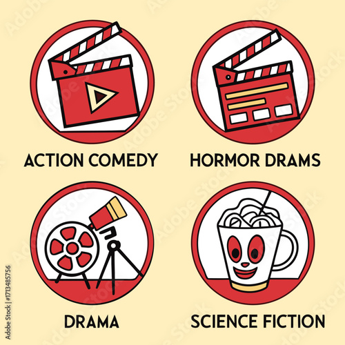 Movie Genre Icons: A series of creatively designed, flat-style icons representing various film genres, perfect for use in cinematic presentations or educational materials about movie culture.