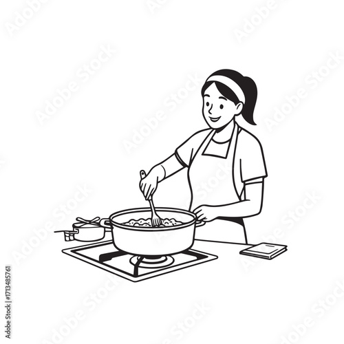 Black and White Vector Illustration of a Smiling Woman Cooking in Kitchen with Apron and Headband