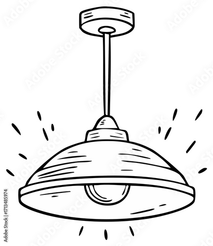 Hanging light fixture illustration, isolated bright room bulb illuminates with radiating light, design element, sketch