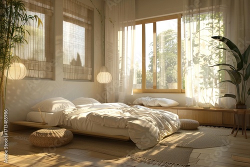 Bright and airy bedroom with natural light streaming through the windows, creating a calming and inviting space to rest