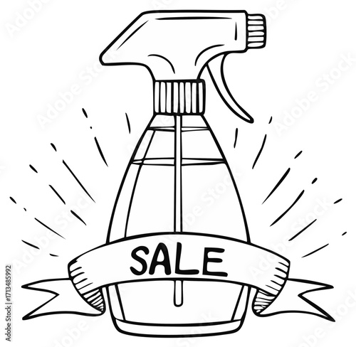 Hand drawn spray bottle with SALE banner. Doodle promotional retail sign.