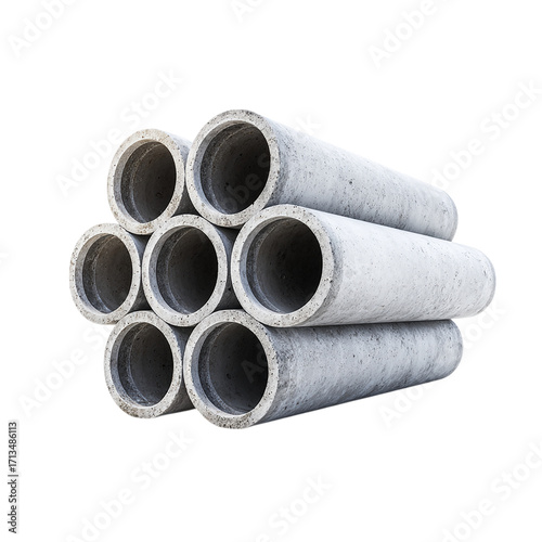 Row of cement pipe are stacked on transparent background