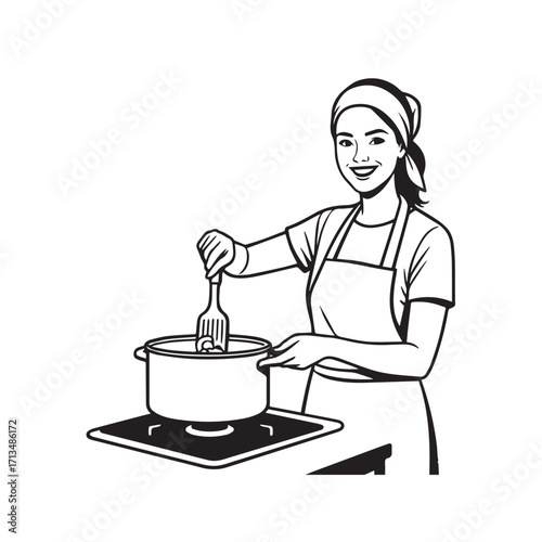 Black and White Vector Illustration of a Smiling Woman Cooking in Kitchen with Apron and Headband