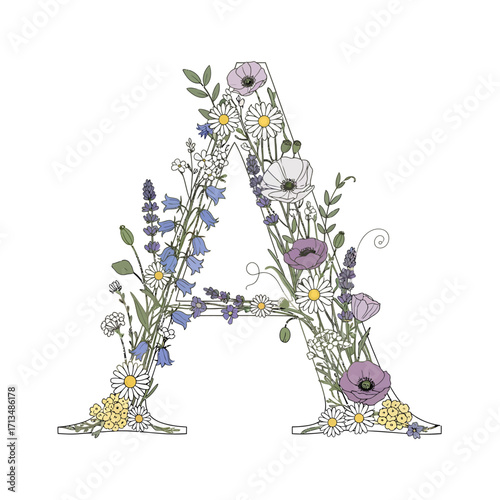 Floral letter A with wildflowers and foliage.