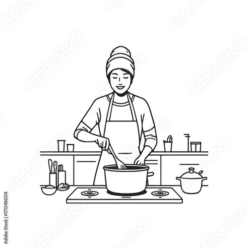 Black and White Vector Illustration of a Smiling Woman Cooking in Kitchen with Apron and Headband