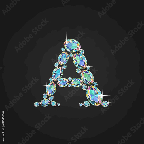 The capital letter A composed of sparkling, iridescent blue gemstones on a dark textured background.