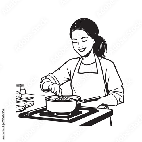 Black and White Vector Illustration of a Smiling Woman Cooking in Kitchen with Apron and Headband
