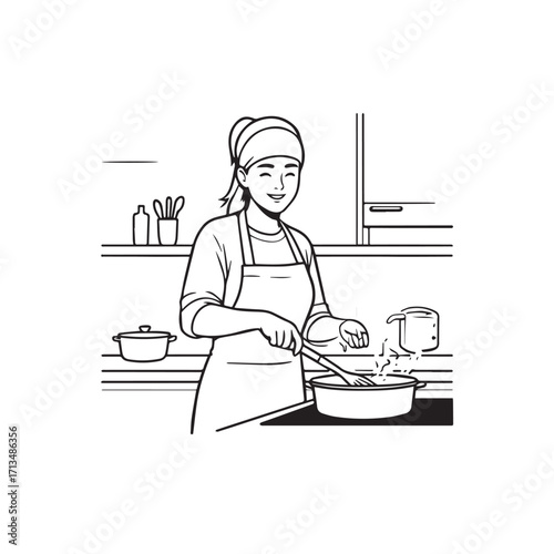 Black and White Vector Illustration of a Smiling Woman Cooking in Kitchen with Apron and Headband