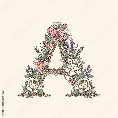 A decorative letter A formed from intertwined branches and adorned with a variety of beautiful flowers and lavender sprigs.