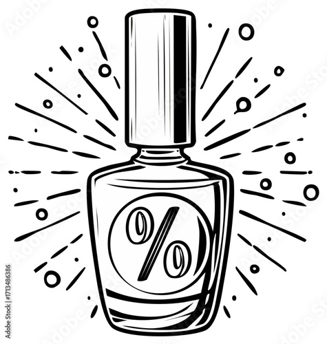 Nail polish bottle graphic illustration with discount percentage and rays, Black and white art for cosmetics sales