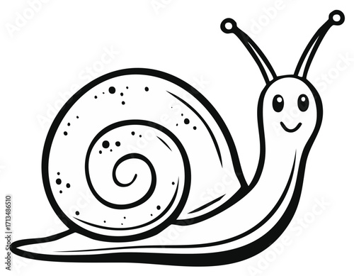 Adorable friendly cartoon snail illustration with a spiral shell, antennae, and a happy smiling face rendered in clear black and white line art.
