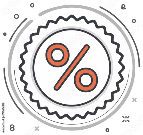Percentage Sign Icon with Jagged Circle Border, Orange Symbol for Sales or Discounts, Modern Style Iconography