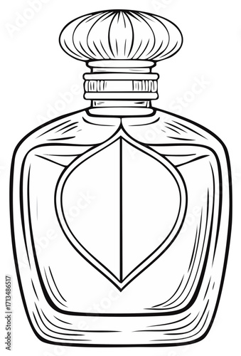 Elegant Glass Perfume Bottle with Ornate Stopper and Decorative Label Line Art Illustration