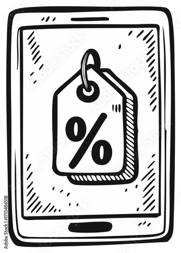 Sketch illustration of a tablet displaying a discount tag with a percent symbol for online shopping