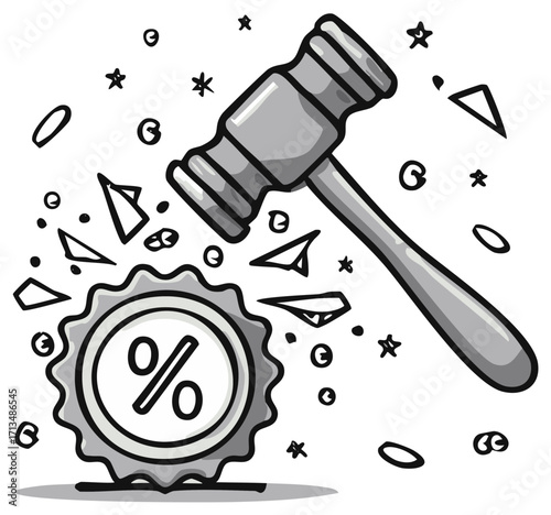 Gavel striking a percentage symbol, representing a legal decision on finance or a discount