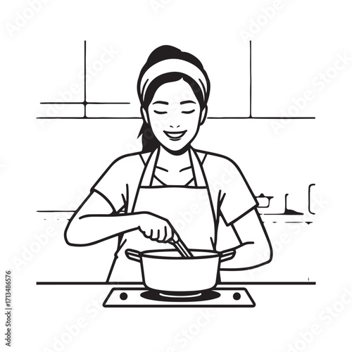 Black and White Vector Illustration of a Smiling Woman Cooking in Kitchen with Apron and Headband