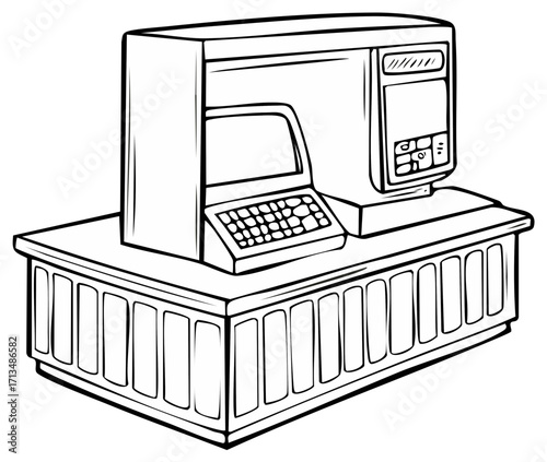 Retro Computer System on Desk Outline Illustration of Vintage Technology