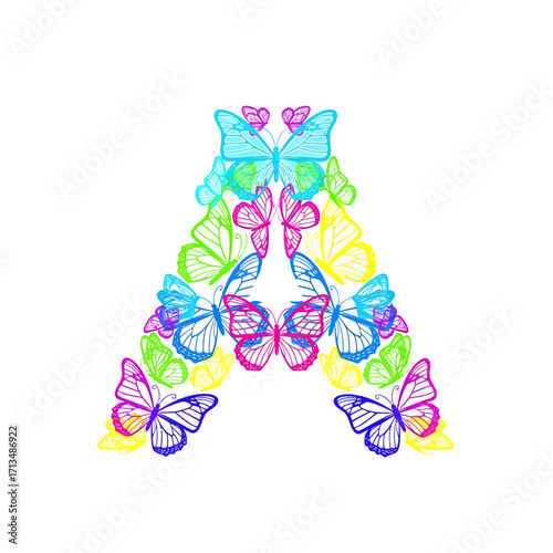 Colorful letter A design composed of various butterflies, vibrant and artistic.