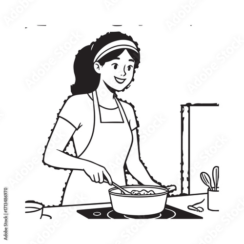 Black and White Vector Illustration of a Smiling Woman Cooking in Kitchen with Apron and Headband