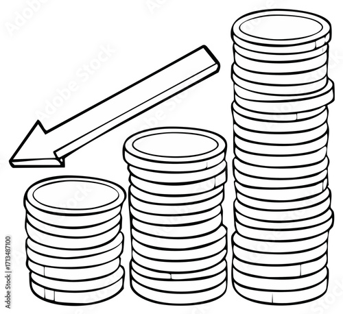 Coin Stacks with Downward Arrow Illustrating Financial Decline Black and White Outline