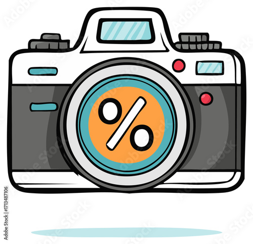 Photography discount concept with cartoon camera and percentage sign on lens