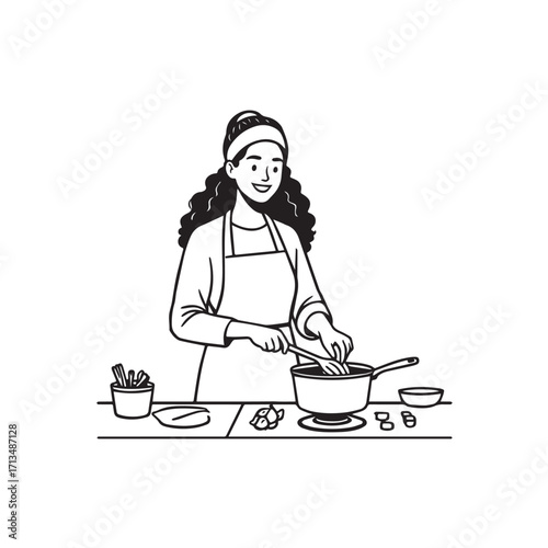 Black and White Vector Illustration of a Smiling Woman Cooking in Kitchen with Apron and Headband