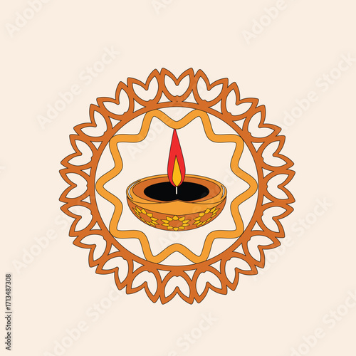 Diwali festival oil lamp decoration in circular ornamental pattern with flame