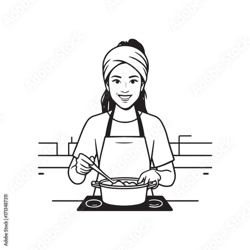 Black and White Vector Illustration of a Smiling Woman Cooking in Kitchen with Apron and Headband